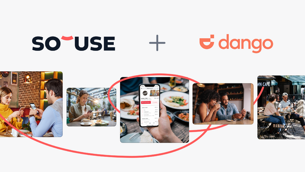 Ein Bild, dass die &Uuml;bernahme vom f&uuml;hrenden Self-Checkout-Anbieter Dango durch SO'USE zeigt und mit Grafiken untermalt