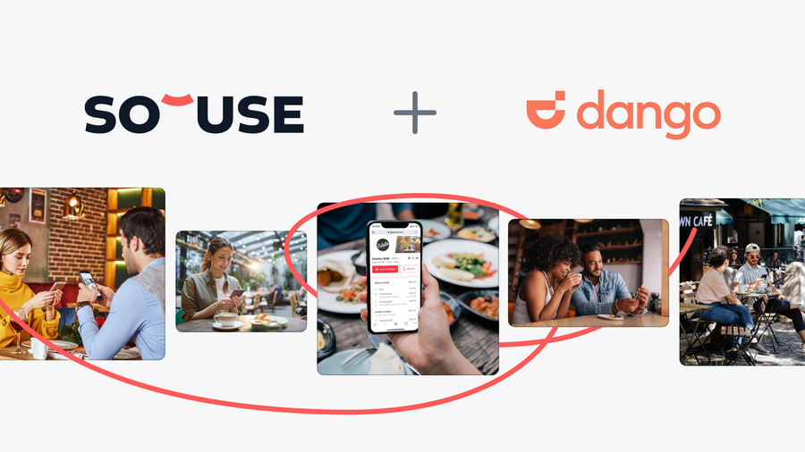 Ein Bild, dass die &Uuml;bernahme vom f&uuml;hrenden Self-Checkout-Anbieter Dango durch SO'USE zeigt und mit Grafiken untermalt