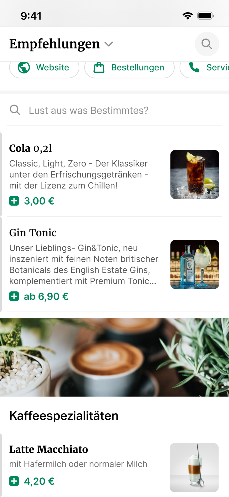 Ein Screenshot aus der SO'USE App, der die digitale Speisekarte mit Bestell- & Bezahlfunktion zeigt